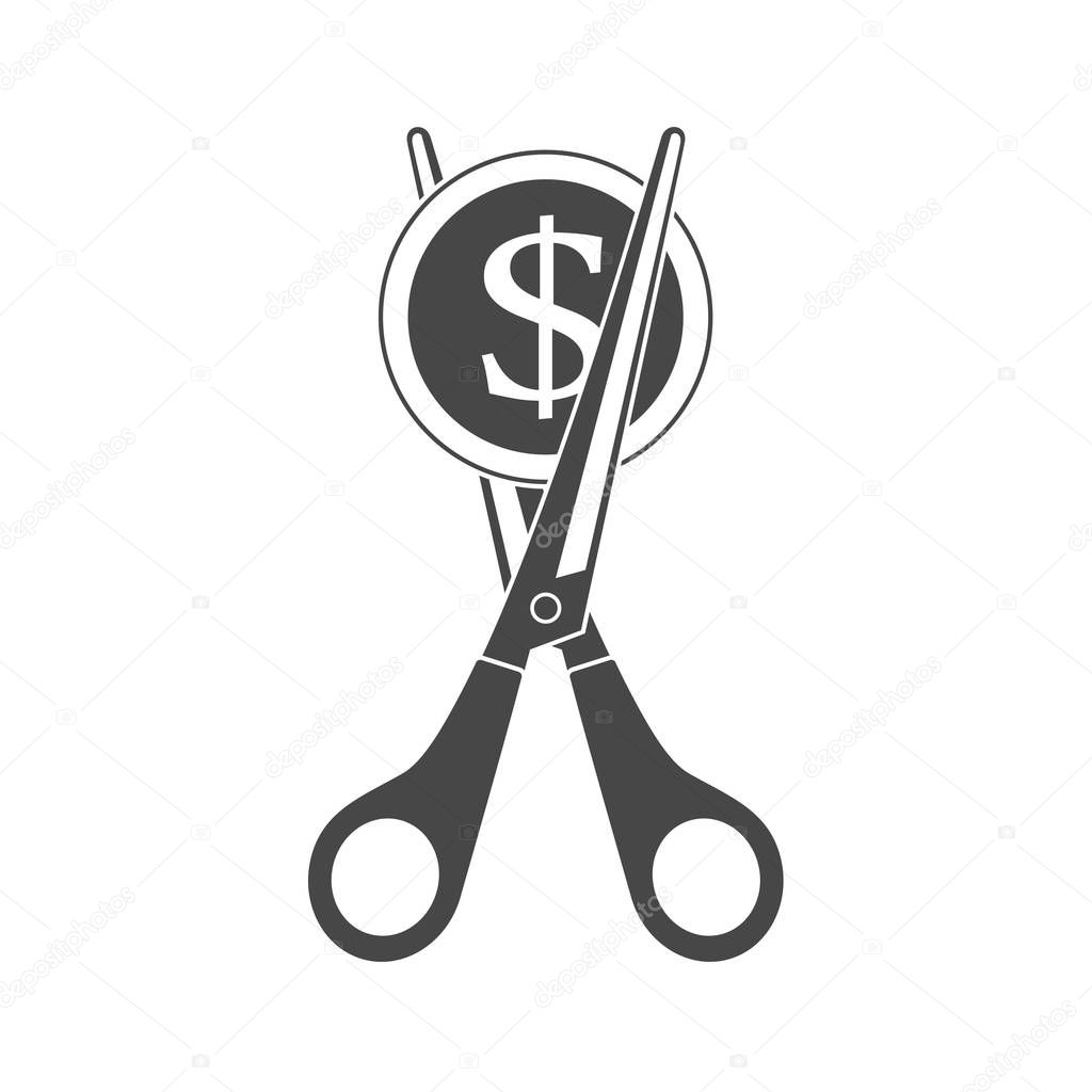 Scissors cutting coin icon.