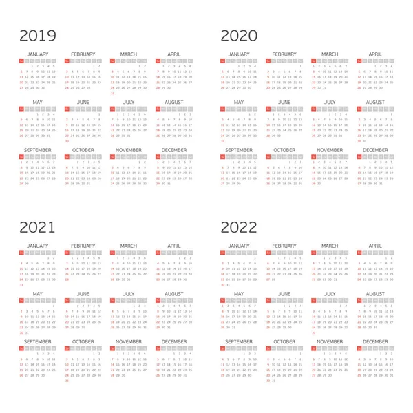 Calendario vectorial 2019 2020 2021 2022 . — Archivo Imágenes Vectoriales