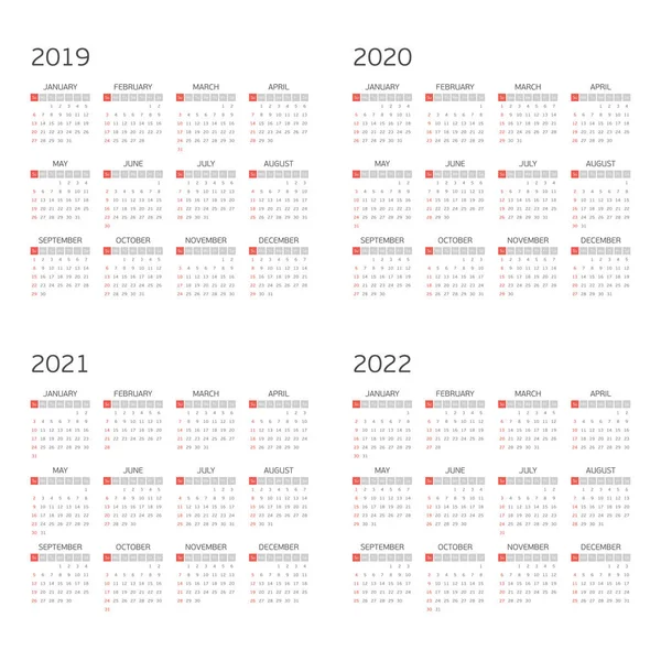 2019 2020 2021 2022 takvimde vektör.