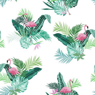 vectors seamless lush tropical leaves pattern with pink flamingos, vertical orientation, exotic plants and birds, monstera leaves, banana leaf, areca palm leaves, bird of paradise, flowers. conversational design clipart