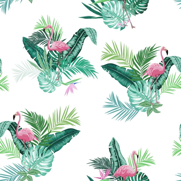 vectors seamless lush tropical leaves pattern with pink flamingos, vertical orientation, exotic plants and birds, monstera leaves, banana leaf, areca palm leaves, bird of paradise, flowers. conversational design