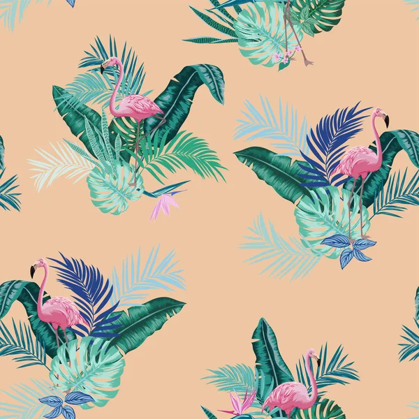 vectors seamless lush tropical leaves pattern with pink flamingos, vertical orientation, exotic plants and birds, monstera leaves, banana leaf, areca palm leaves, bird of paradise, flowers. conversational design