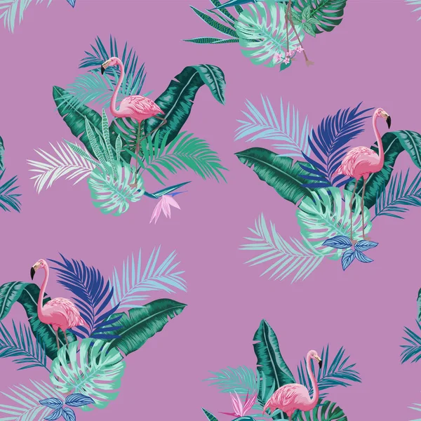 vectors seamless lush tropical leaves pattern with pink flamingos, vertical orientation, exotic plants and birds, monstera leaves, banana leaf, areca palm leaves, bird of paradise, flowers. conversational design