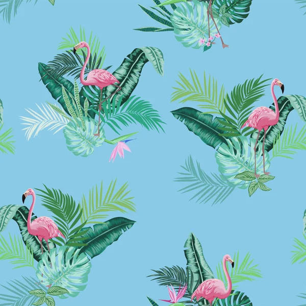 Vectoren Naadloze Weelderige Tropische Bladeren Patroon Met Roze Flamingo Verticale — Stockvector