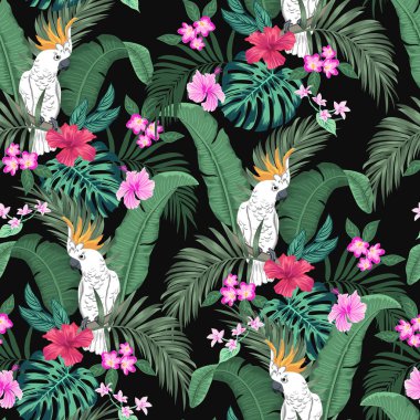 vector seamless botanical tropical pattern with parrots and flowers. Floral exotic background design with banana leaf, areca palm leaves, monstera leaves, hibiscus flowers, frangipani. clipart
