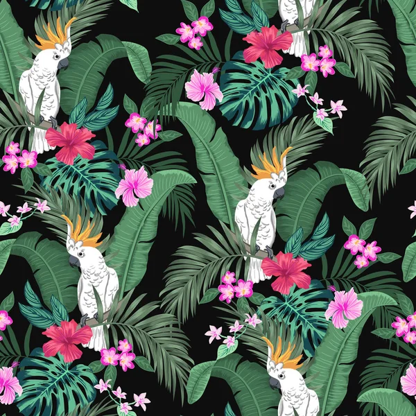 Motif Tropical Botanique Sans Couture Vectoriel Avec Perroquets Fleurs Fond — Image vectorielle