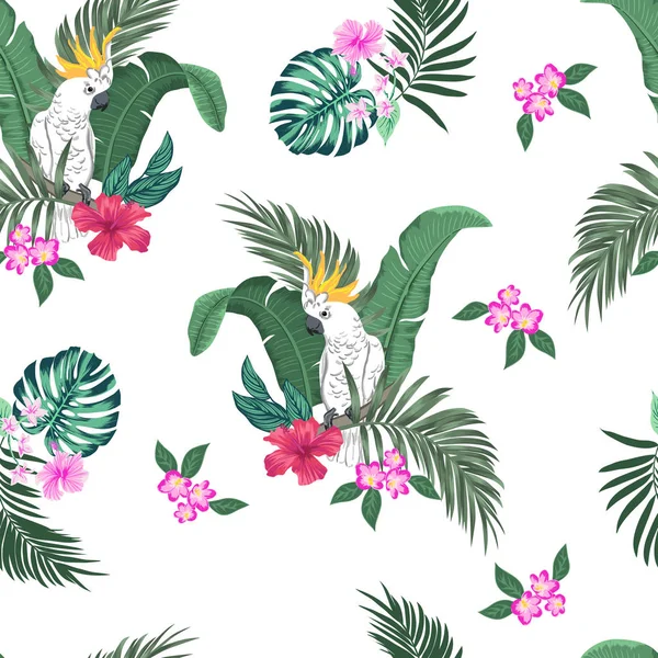 Motif Tropical Botanique Sans Couture Vectoriel Avec Perroquets Fleurs Fond — Image vectorielle