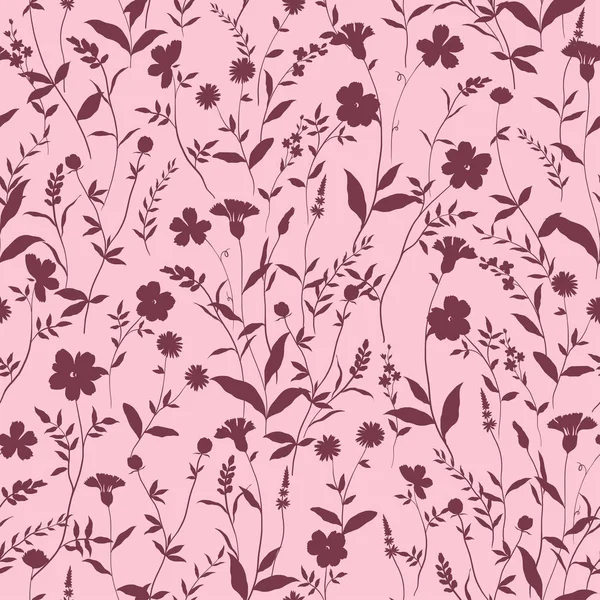 Vektor sömlösa ömtåliga vilda blommor silhuetter mönster — Stock vektor
