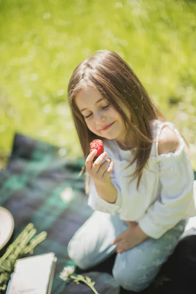 Kislány Egy Nyári Piknik Természetben Gyümölcsök Bogyók — Stock Fotó