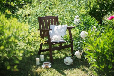 Bahçe ve bir fincan çay sandalyeyle