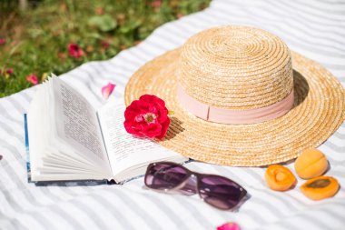 Natürmort, hasır şapka ve kitap hakkında peçe ve güneş gözlüğü