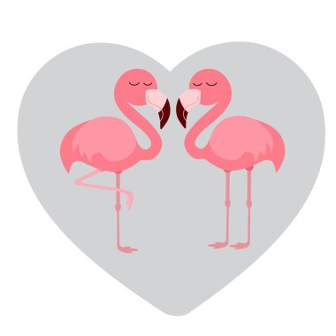Beyaz arka plan üzerinde izole gri kalbinde pembe flamingolar