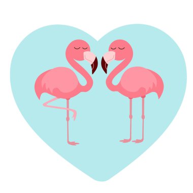 Beyaz arka plan üzerinde izole mavi kalbinde pembe flamingolar