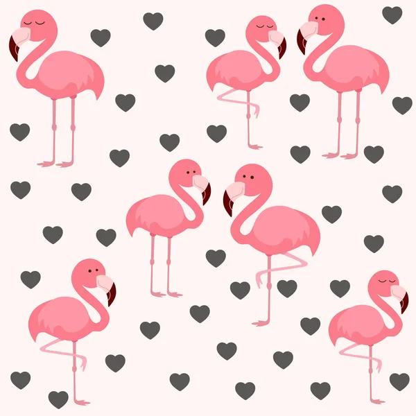 Flamencos Rosados Con Corazones Grises Sobre Fondo Rosado — Vector de stock