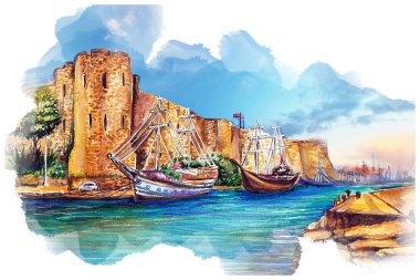Kıbrıs kirenia kale illüstrasyon