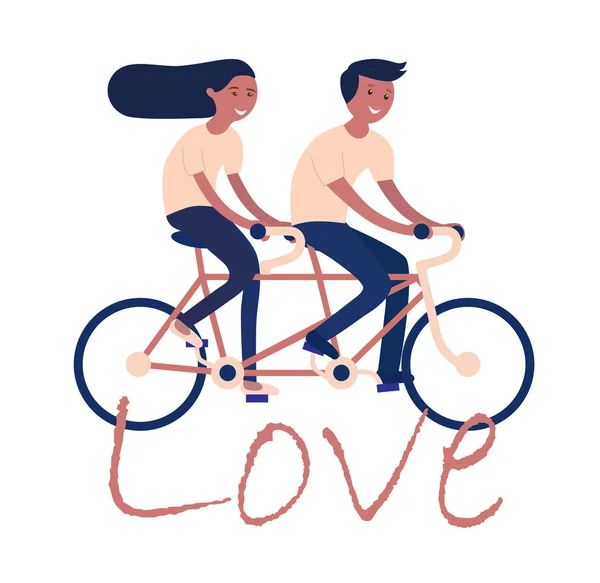 Pareja Montando Bicicleta Con Inscripción Amor Vector — Archivo Imágenes Vectoriales