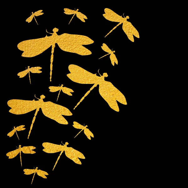Set Goldener Libellen Auf Schwarzem Hintergrund — Stockfoto