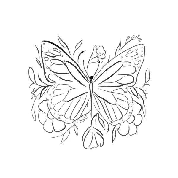 Gyönyörű Pillangó Virágok Egy Vonalat Húz Vektor Illusztráció — Stock Vector