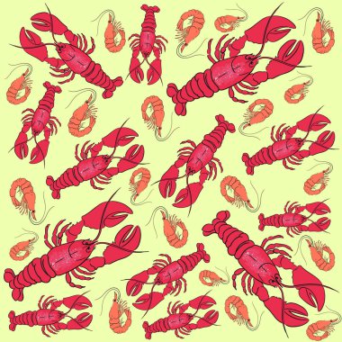 Crawfish ve karidesler çizgi vektör illüstrasyon