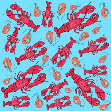 Crawfish ve karidesler çizgi vektör illüstrasyon