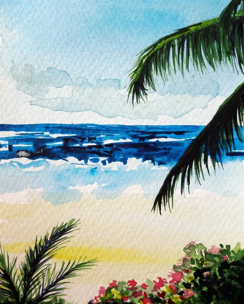 Summer sea side with palm leaves water color illustration