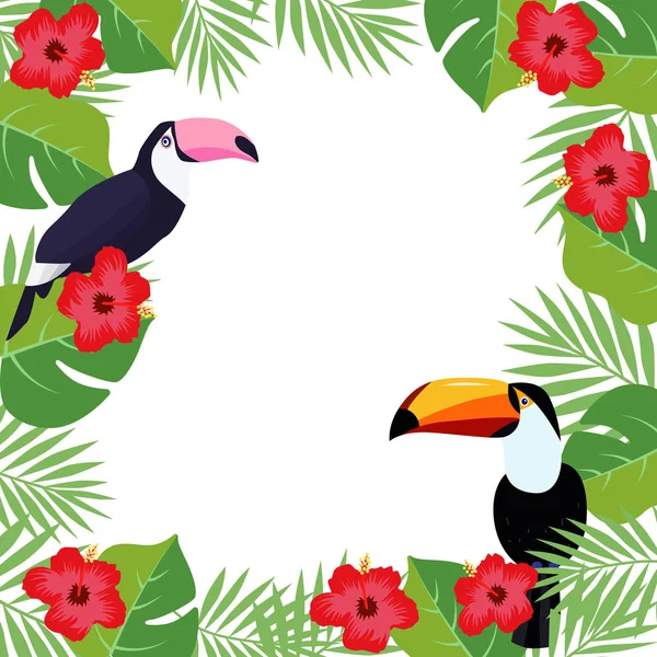 Exotic toucan bird with palm leaves, hibiscus flowers vector illustration