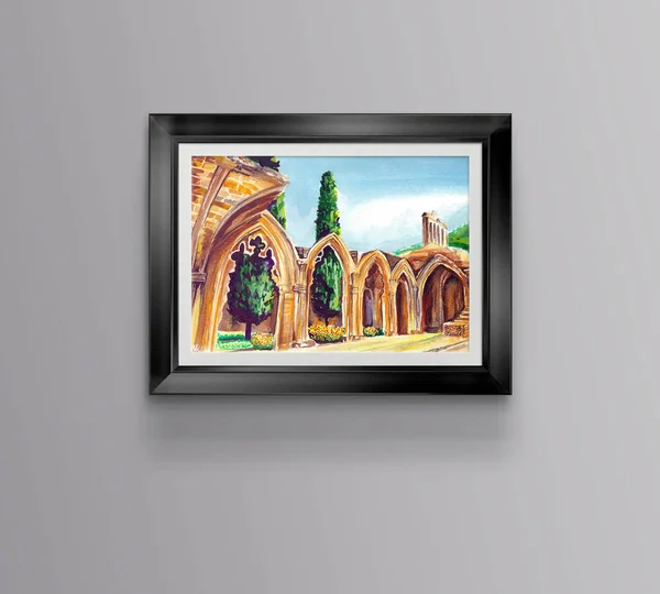 Bellapais Abbey Northern Cyprus Watercolor Art Illustration — Zdjęcie stockowe