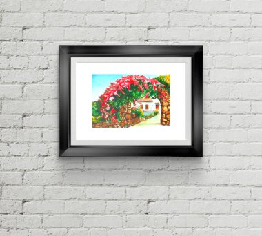 Kıbrıs köyü Karmi suluboya resim illüstrasyon