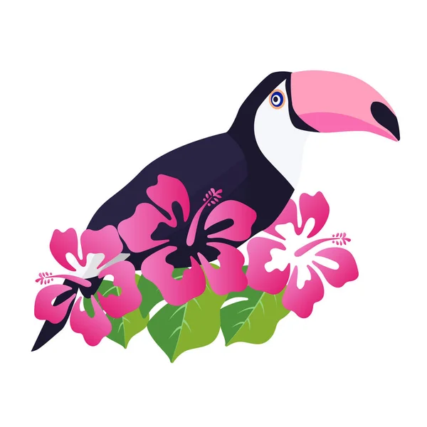 Hermoso Tucán Con Flores Hibisco Vector Ilustración — Archivo Imágenes Vectoriales