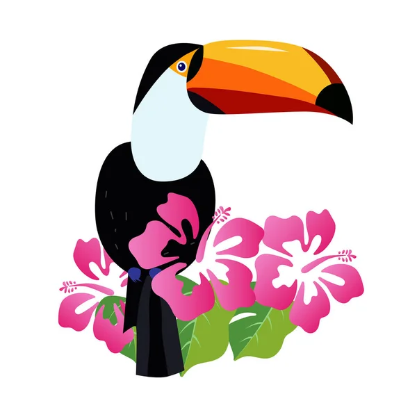 Mooie Toucan Met Hibiscus Bloemen Vector Illustratie — Stockvector