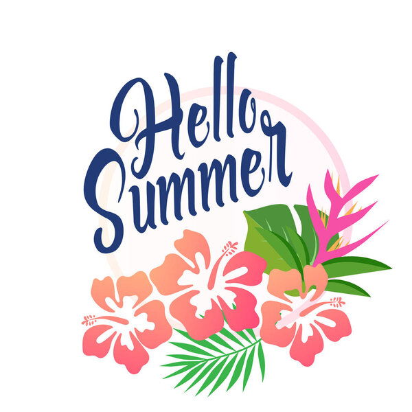 Hello summer card with hibiscus flowers vector illustration