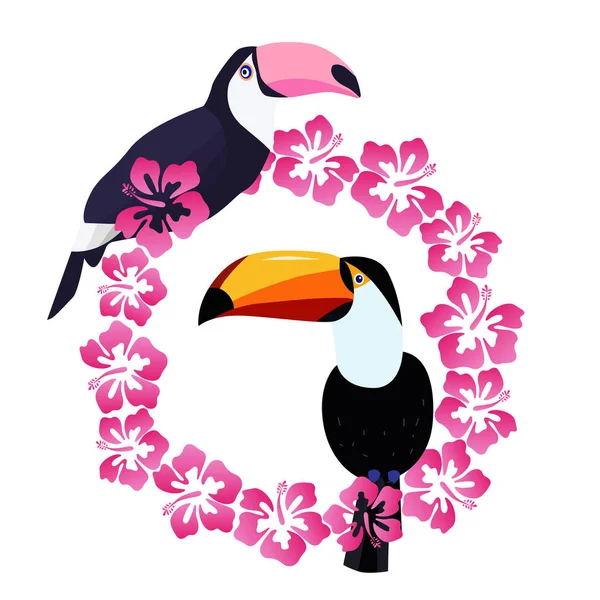 Belle Toucan Avec Illustration Vectorielle Fleurs Hibiscus — Image vectorielle