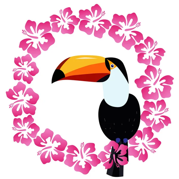 Vacker Toucan Med Hibiskus Blommor Vektor Illustration — Stock vektor