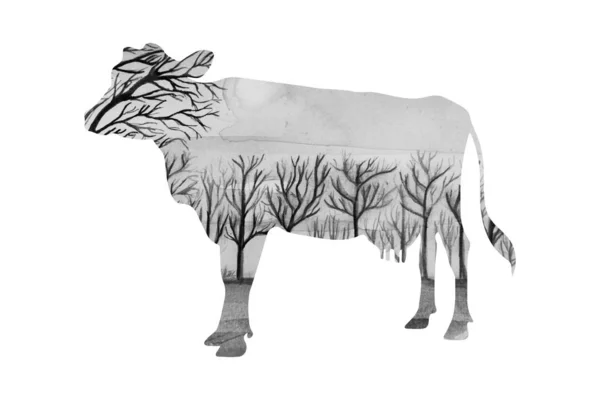 美丽的剪影牛艺术插图 — 图库照片