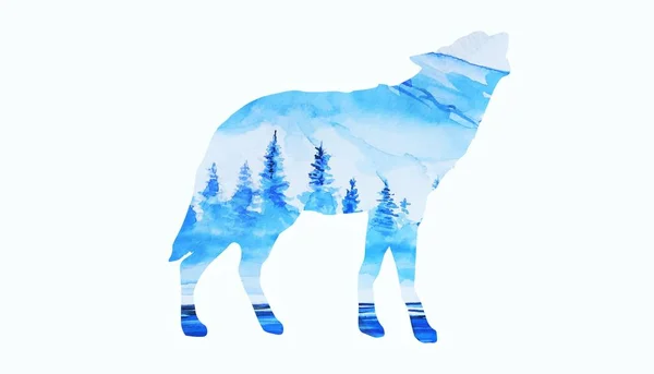 Mooie Winter Kunst Wolf Silhouet Water Kleur Achtergrond Illustratie — Stockfoto