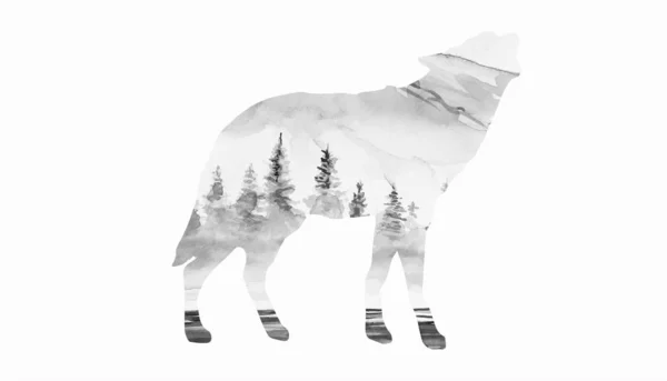 美丽的冬季艺术狼剪影水彩背景插图 — 图库照片