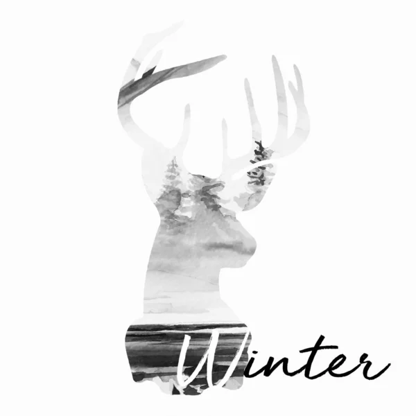 Vacker Vinter Art Deer Silhouette Vattenfärg Bakgrund Illustration — Stockfoto