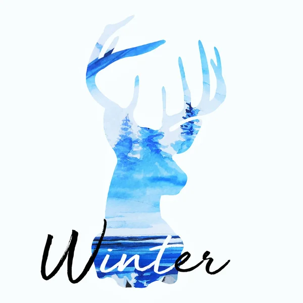 Beautiful winter art deer silhouette water color background illustration