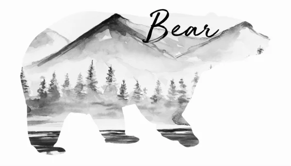 Beautiful winter art bear silhouette water color background illustration