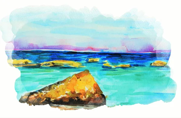 Summer seaside view, watercolor art.