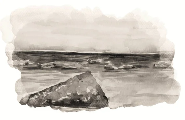 Summer Seaside View Watercolor Art Black Monochrome View — Stock Photo, Image