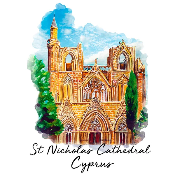 Cattedrale Nicolas Cipro Famagosta Acquerello Arte — Foto Stock