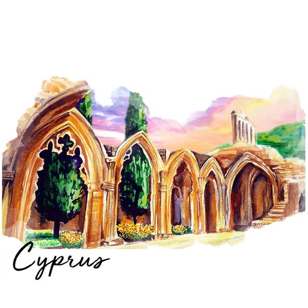 Bellapais Abbey Northern Cyprus Watercolor Art Illustration — Stock Photo, Image