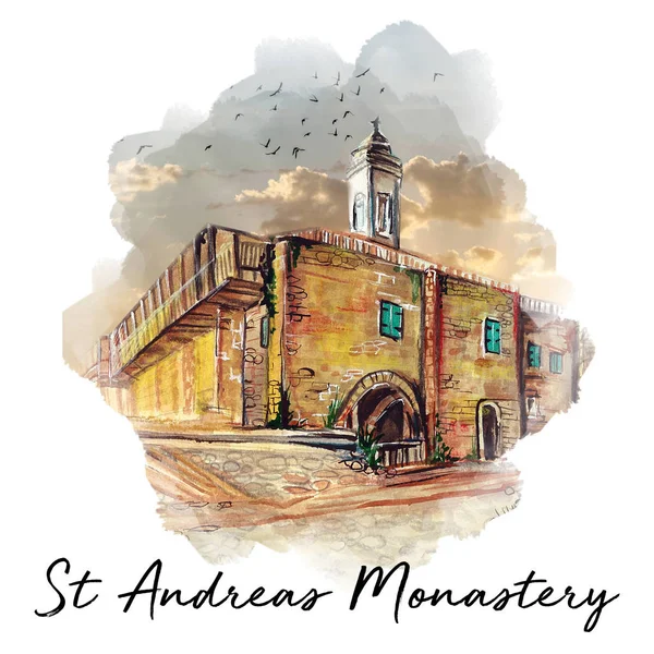 Monastero Andrea Cipro Acquerello Illustrazione — Foto Stock