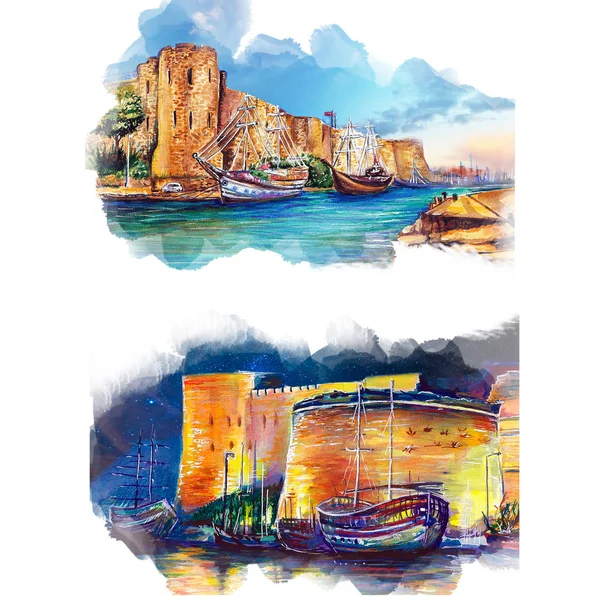 Ciprus Kyrenia Kastély Művészeti Illusztráció — Stock Fotó