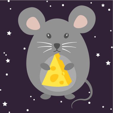 Sevimli gri fare, peynir, vektör illüstrasyon