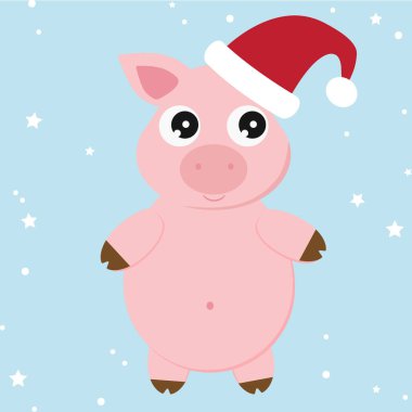 Noel Baba Domuz, şapka, noel dekoratif, vektör illüstrasyon