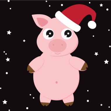 Noel Baba Domuz, şapka, noel dekoratif, vektör illüstrasyon