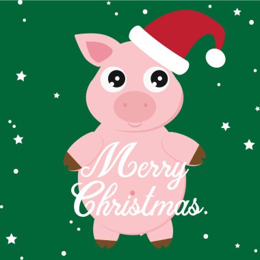 Noel Baba Domuz, şapka, noel dekoratif, vektör illüstrasyon