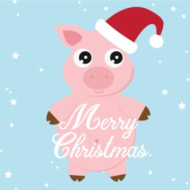 Noel Baba Domuz, şapka, noel dekoratif, vektör illüstrasyon